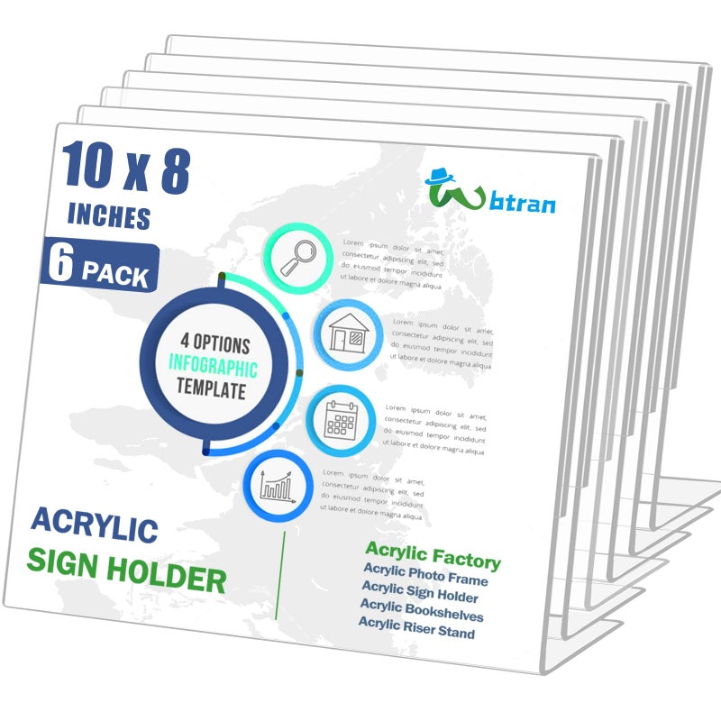Wbtran Slanted Back Acrylic Sign Holder 8 x 10 Horizontal, Acrylic Stands for Display 10 x 8, Clear Tabletop Plastic Paper Sign Holder for Office, Home, Restaurant (6 Pack 10x8 Inches) - Image 1